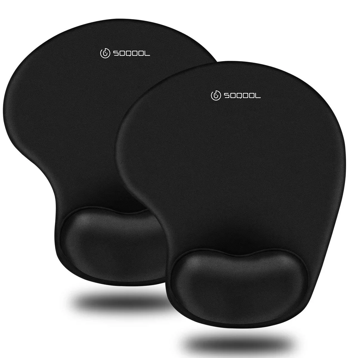 Two black rectangular mouse pads with raised gel wrist rests and smooth Lycra tops
