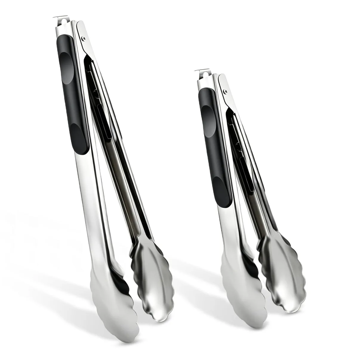 Two stainless steel kitchen tongs with silicone tips and locking mechanism