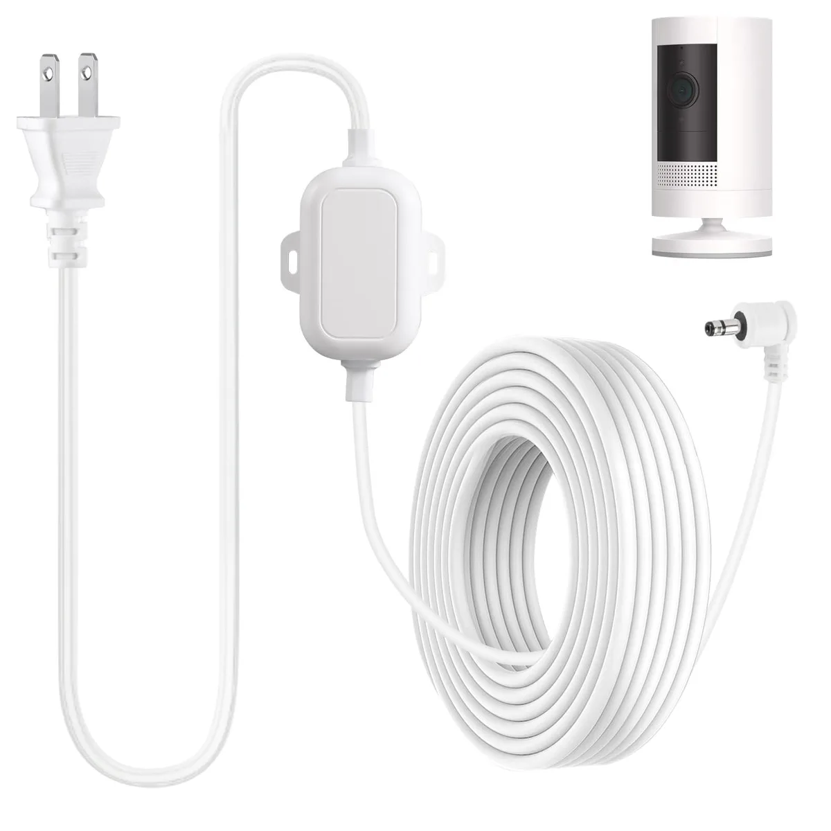 White 25ft weatherproof charging cable with barrel plug for Ring Stick Up Cam 3rd Gen