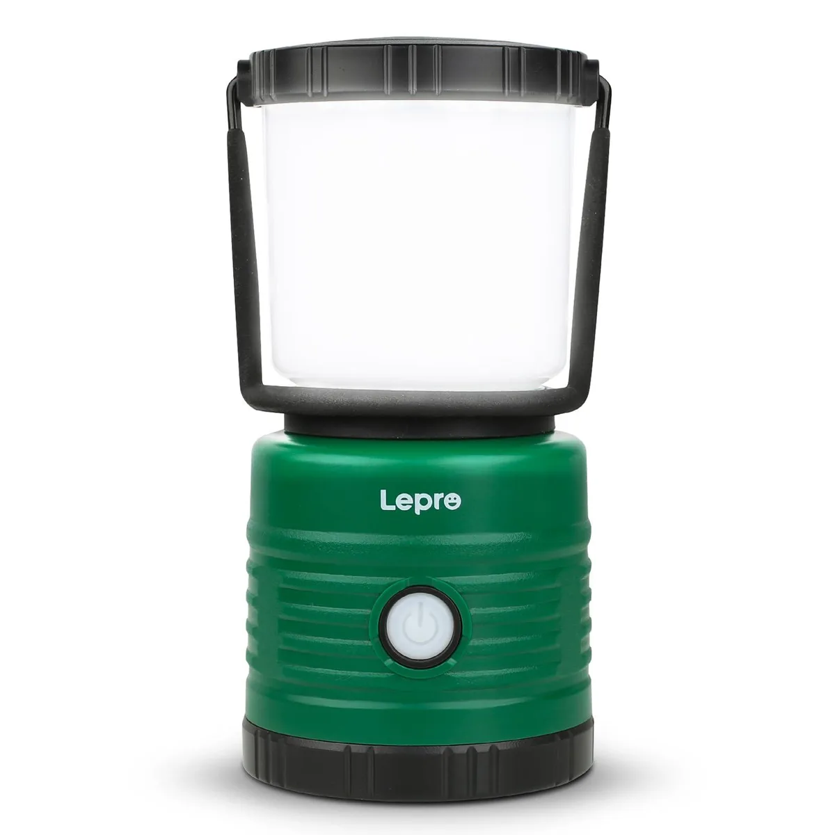 Black cylindrical lantern with rubber base and two hooks, removable top cap, matte finish