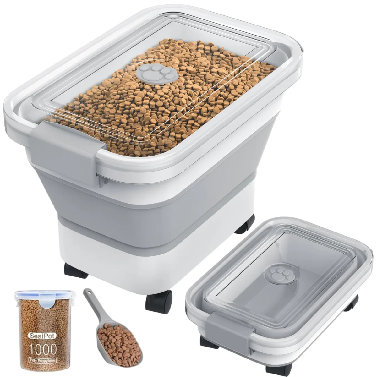 Red collapsible pet food container with clear airtight lid, wheels and scoop