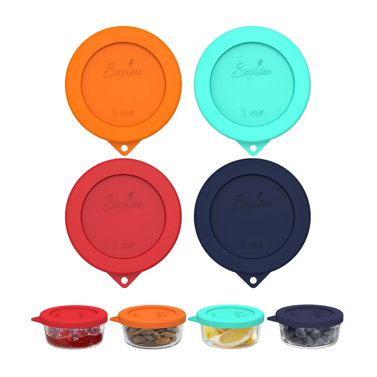 Four round silicone lids in mixed colours, each with a hanging hole