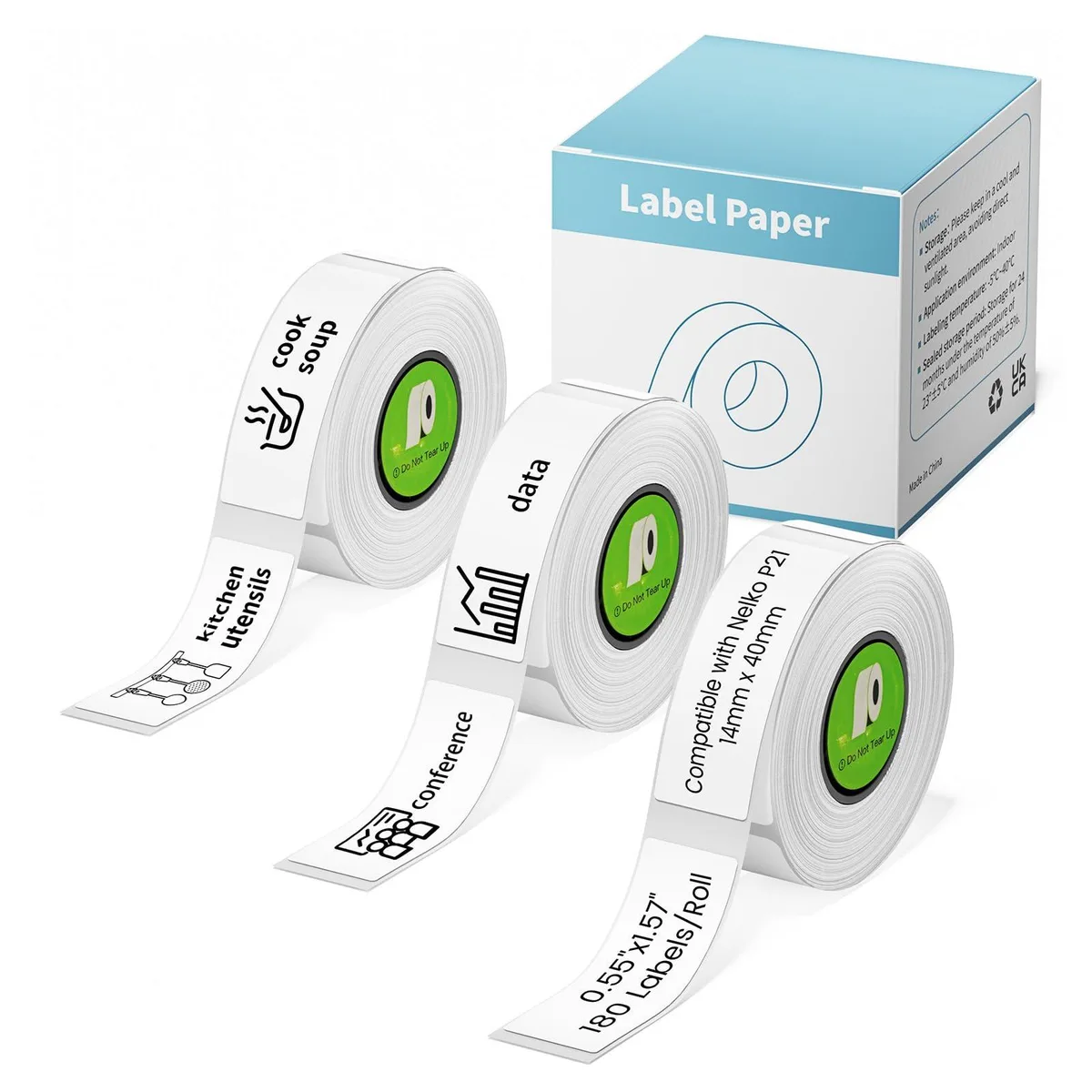 Three rolls of white laminated label tape, 14 by 40 millimetres, 180 labels per roll