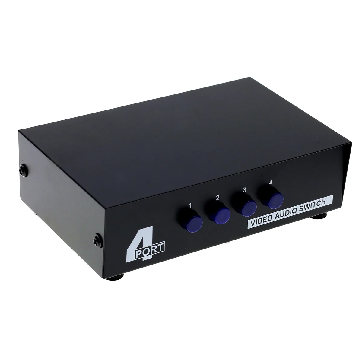 Black rectangular box with four sets of yellow red white RCA ports on one side one set on the other a push button selector on top