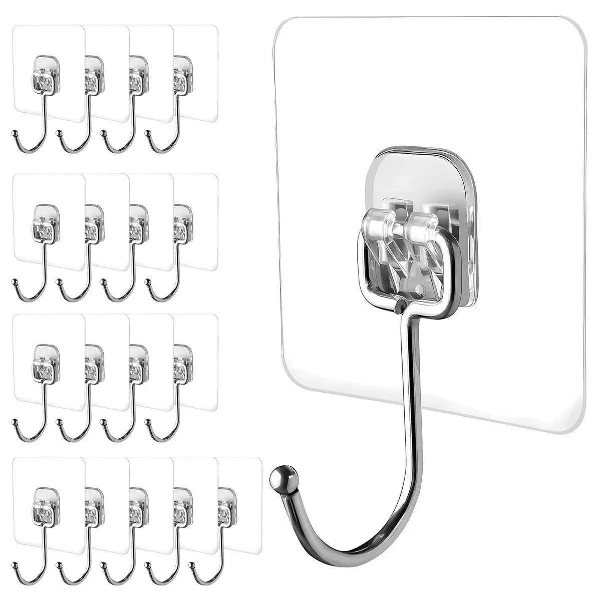 Eighteen transparent square adhesive hooks on a backing sheet