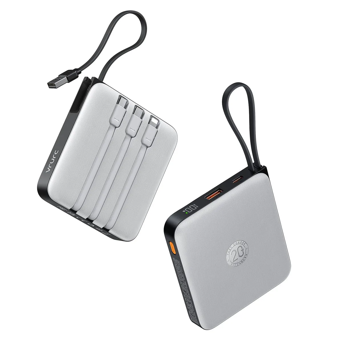  VRURC T2066 20000mAh power bank with 4 built-in cables, grey — product photo
