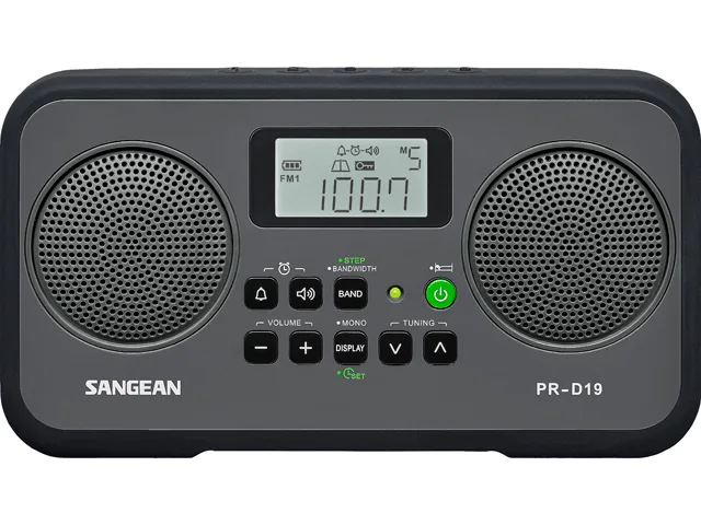 Rectangular grey and black portable radio with LCD display, speaker grille, telescopic antenna and carry handle