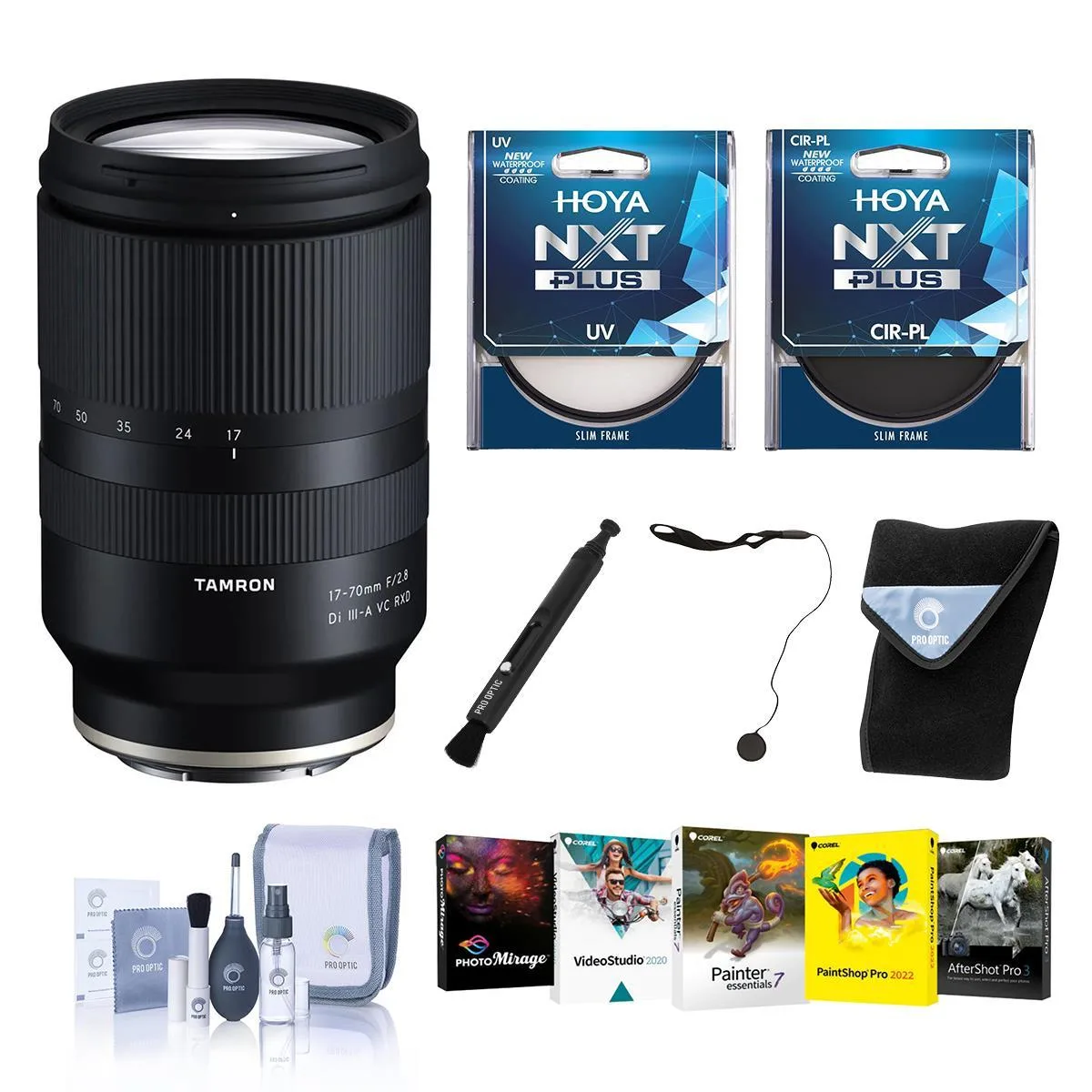Tamron Tamron B070 17-70mm f/2.8 Di III-A VC RXD Fujifilm X camera lens with 67mm UV and CPL filters — product photo