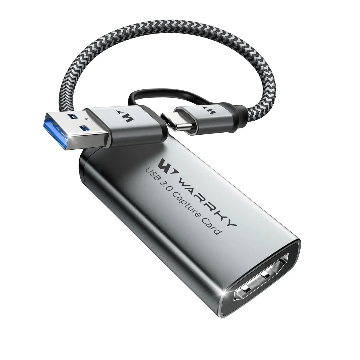 Grey rectangular capture card with braided cable and USB-C adapter attached