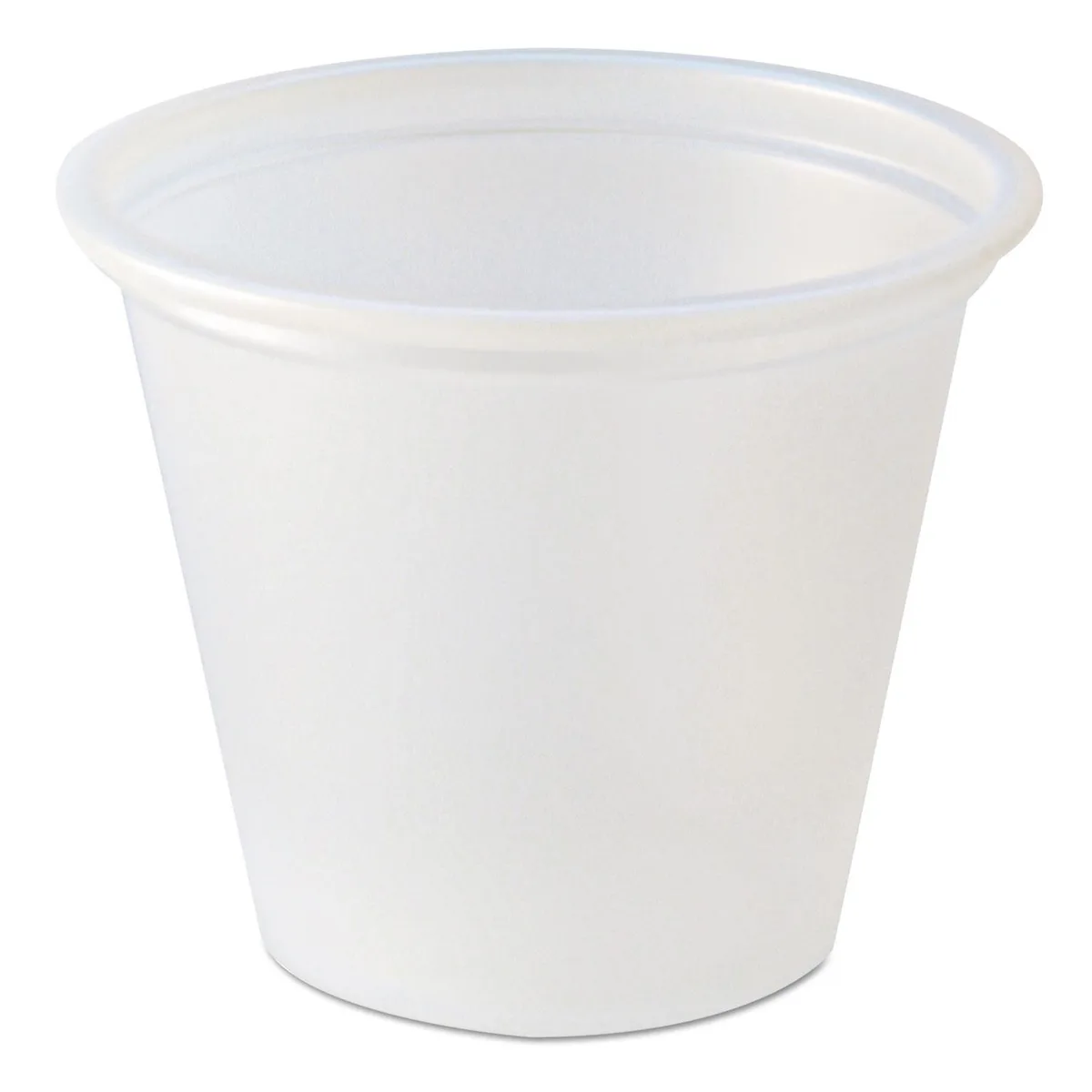 Stack of small translucent plastic portion cups with smooth rims