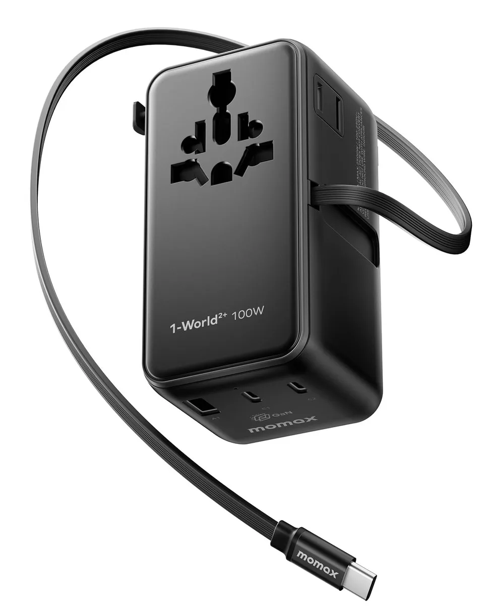 MOMAX Technology Ltd. MOMAX Technology Ltd. 100W 6-in-1 Travel Adapter Dual AC USB-C Retractable Cable Black — product photo