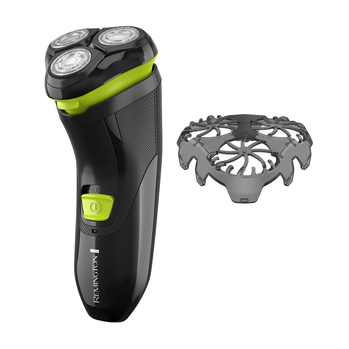 Black and green rotary shaver with three circular heads, pop-up trimmer and stubble attachment