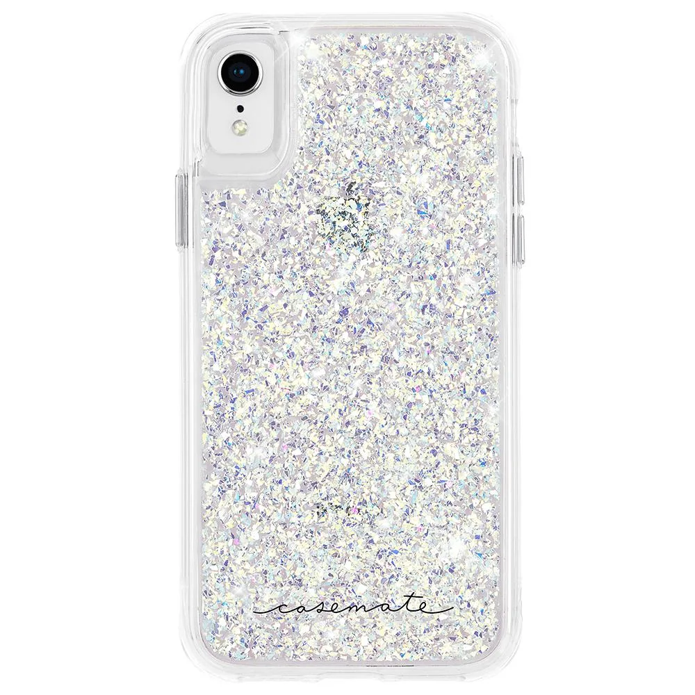 Clear iridescent phone case with sparkle pattern, slim flexible sides and metallic buttons