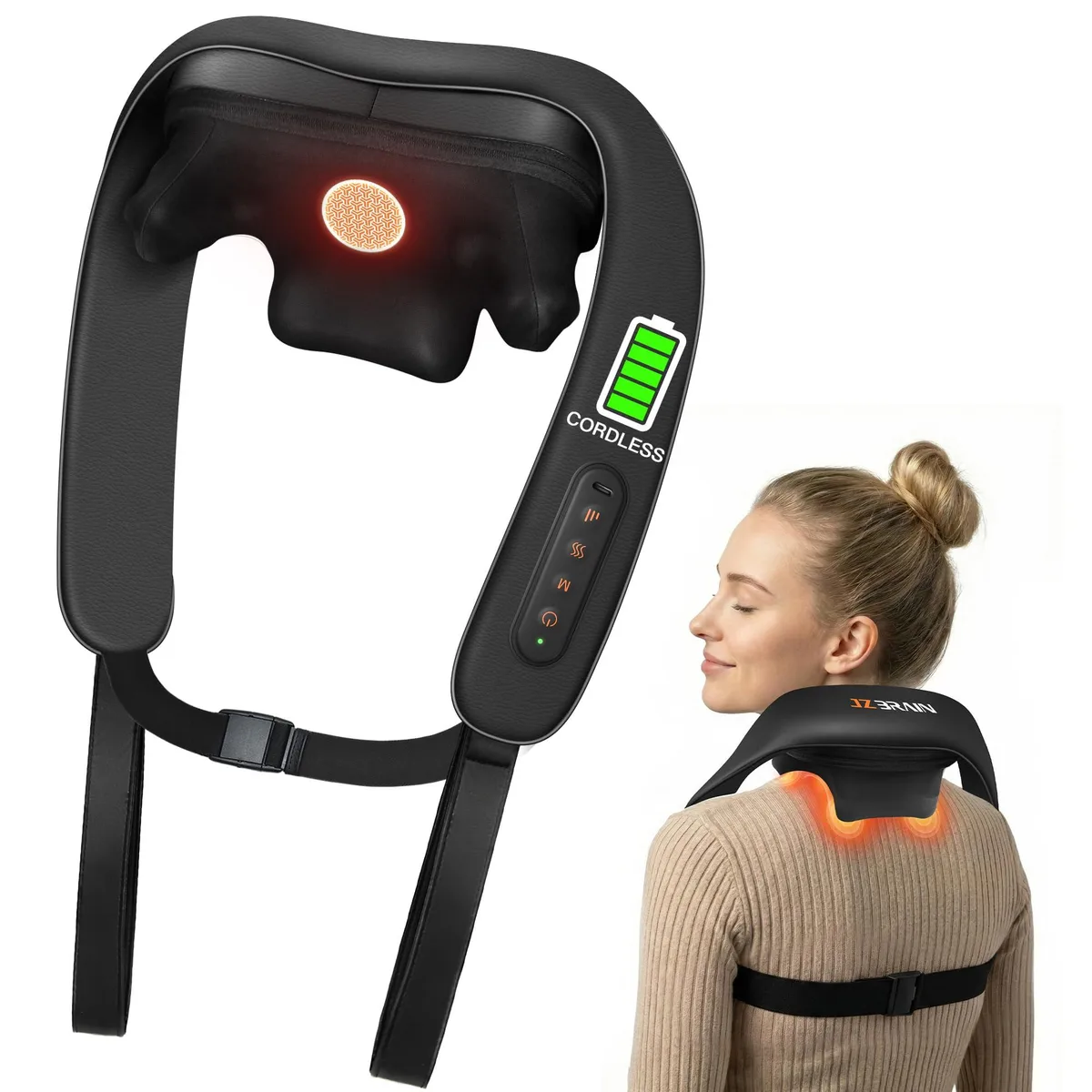 Black cordless neck massager with faux leather wrap-around design and rotating kneading nodes
