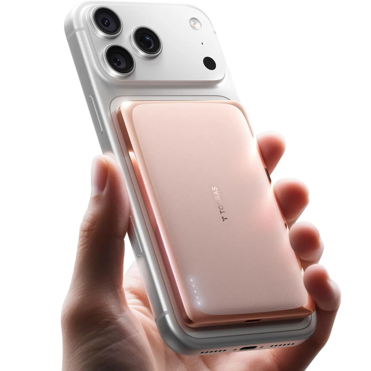 Blush pink ultra-slim power bank, credit-card thin, magnetic back
