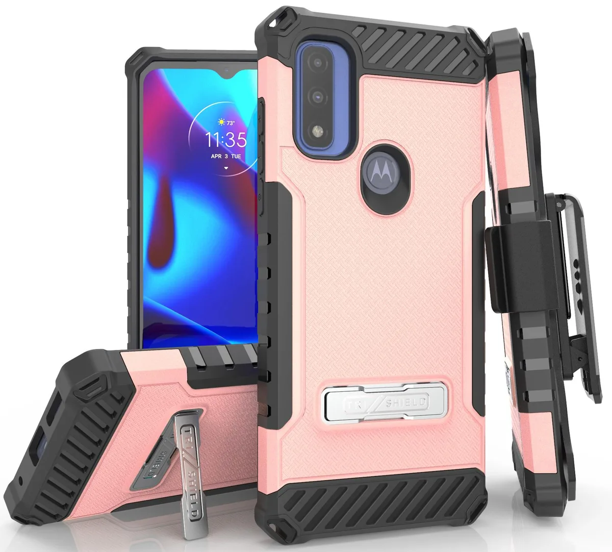Nakedcellphone Nakedcellphone Tri-Shield Case with Stand, Belt Clip &amp; Strap for Moto G Pure / G Power 2022 - Pink — product photo
