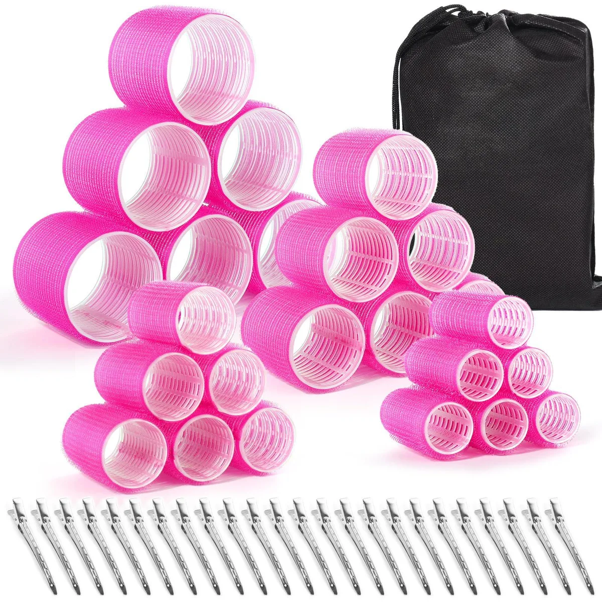 Pink self-grip hair rollers set with clips and storage bag