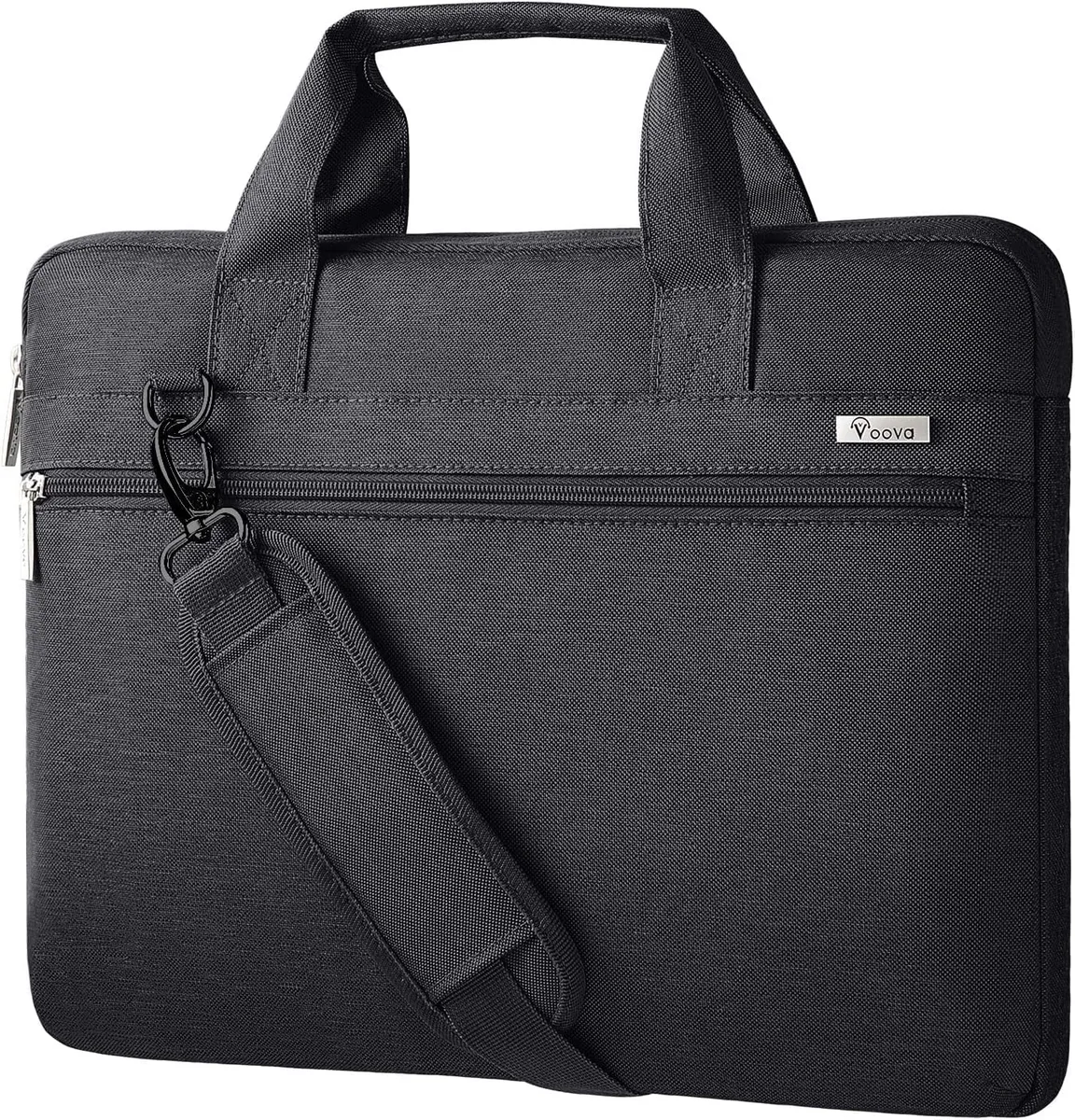 Black laptop bag with padded handle and shoulder strap, front pocket with stitched corners