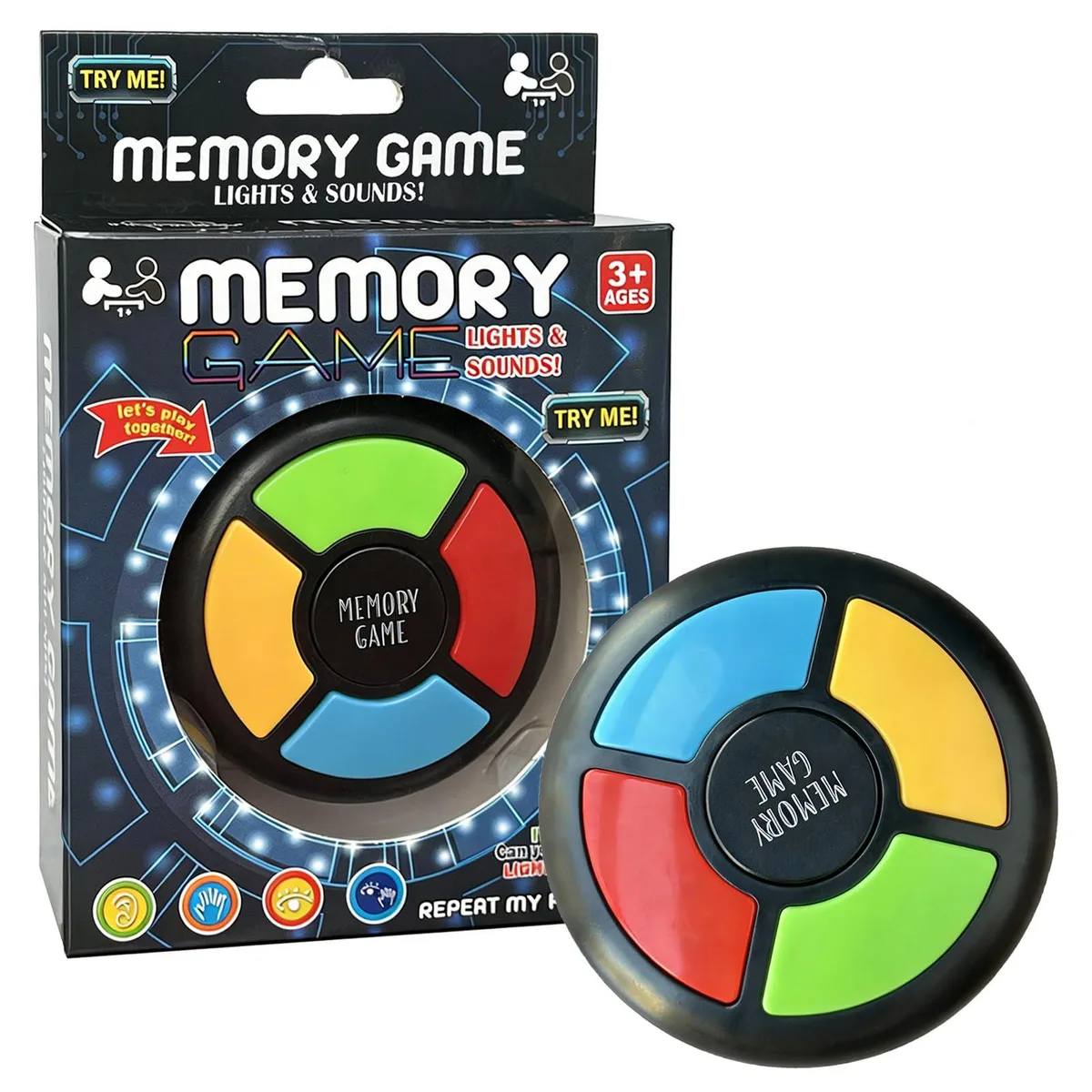 Small black handheld electronic game with coloured light-up buttons