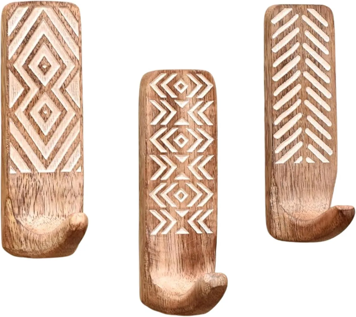 Three wooden adhesive wall hooks in a boho design
