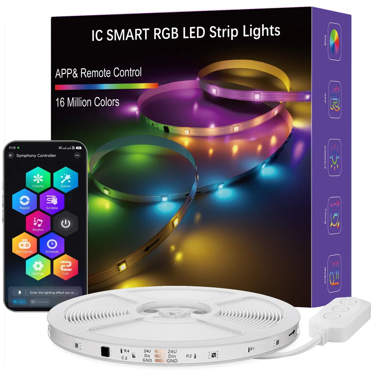 White 50FT LED strip light coil with clear prismatic finish and controller