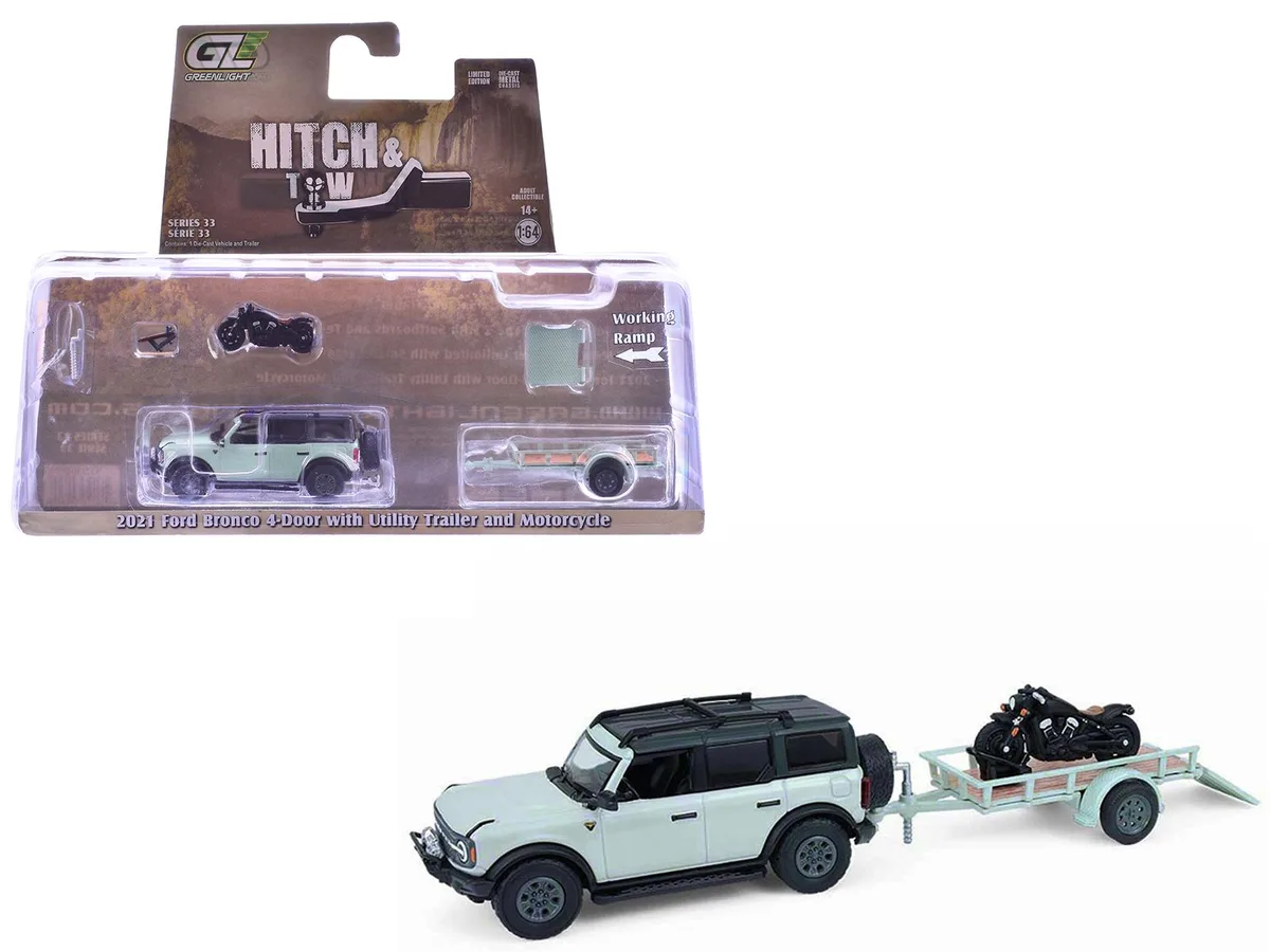 GREENLIGHT GREENLIGHT 2021 Ford Bronco 4-Door Badlands Cactus Gray with Motorcycle &amp; Trailer 1/64 Hobby Collectible — product photo