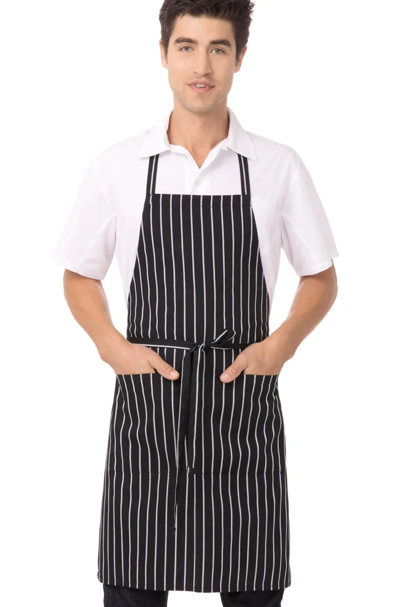 Black and white chalk-stripe kitchen apron, one size, poly-cotton blend