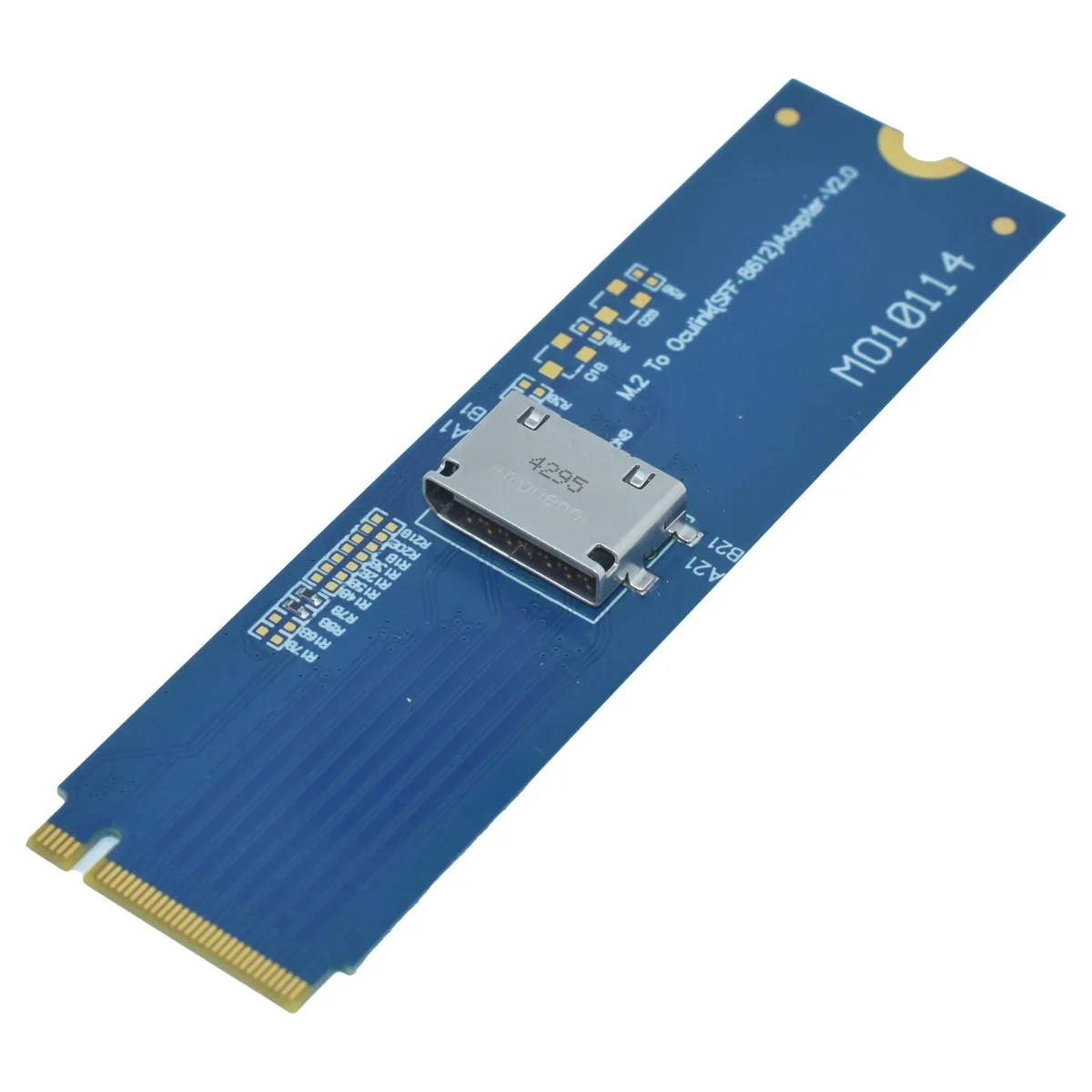 Green PCB adapter card with M.2 edge connector and silver Oculink SFF-8612 port