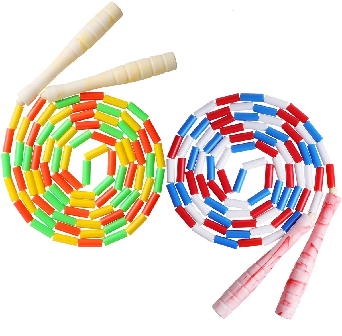 Two adjustable beaded jump ropes, rainbow and blue, segmented PE beads, tie-dye handles