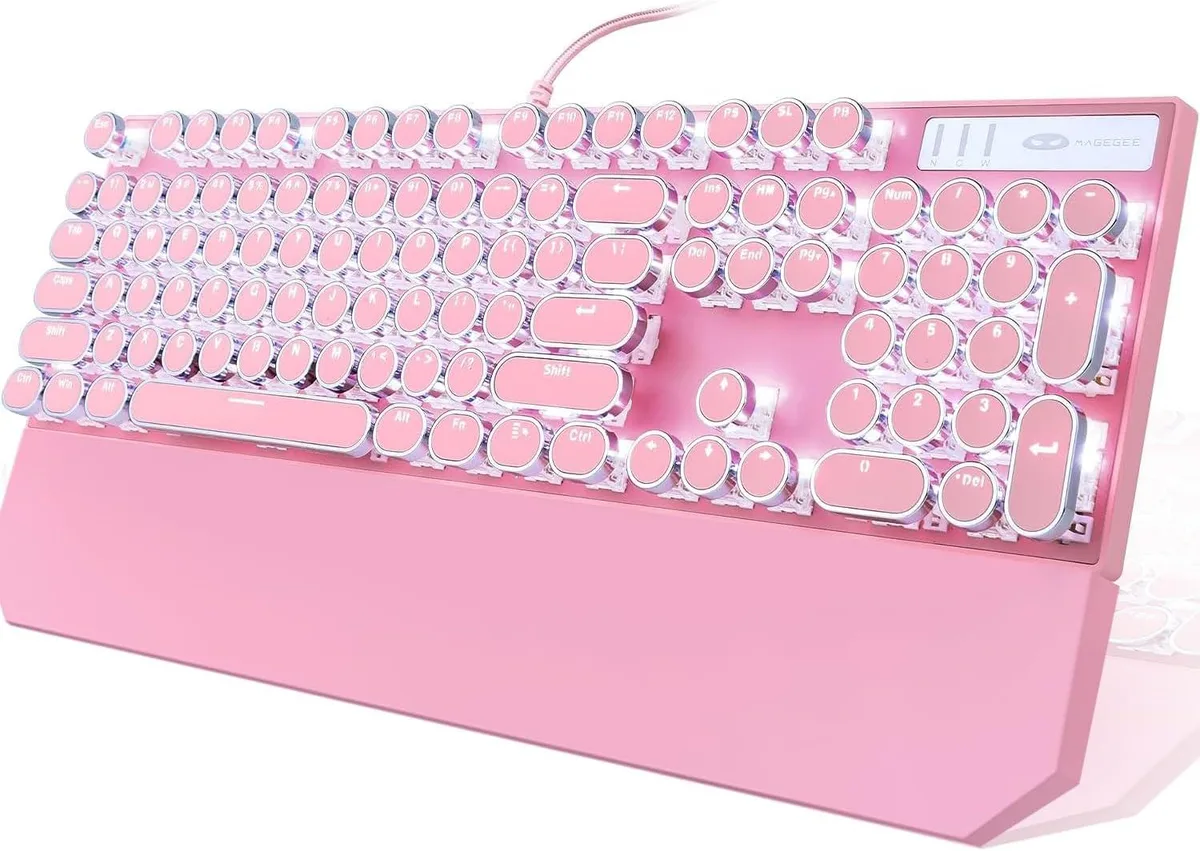 TUKO TUKO Pink Typewriter Mechanical Gaming Keyboard 104 Keys Blue Switch Wired Round Keycaps White Backlit — product photo
