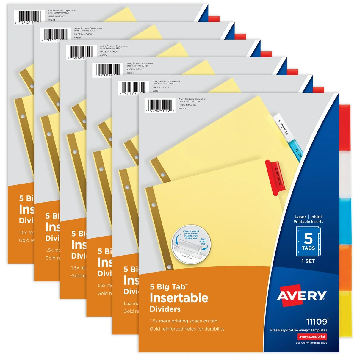Six sets of five-tab paper dividers with multicolor reinforced plastic tabs and gold reinforced holes