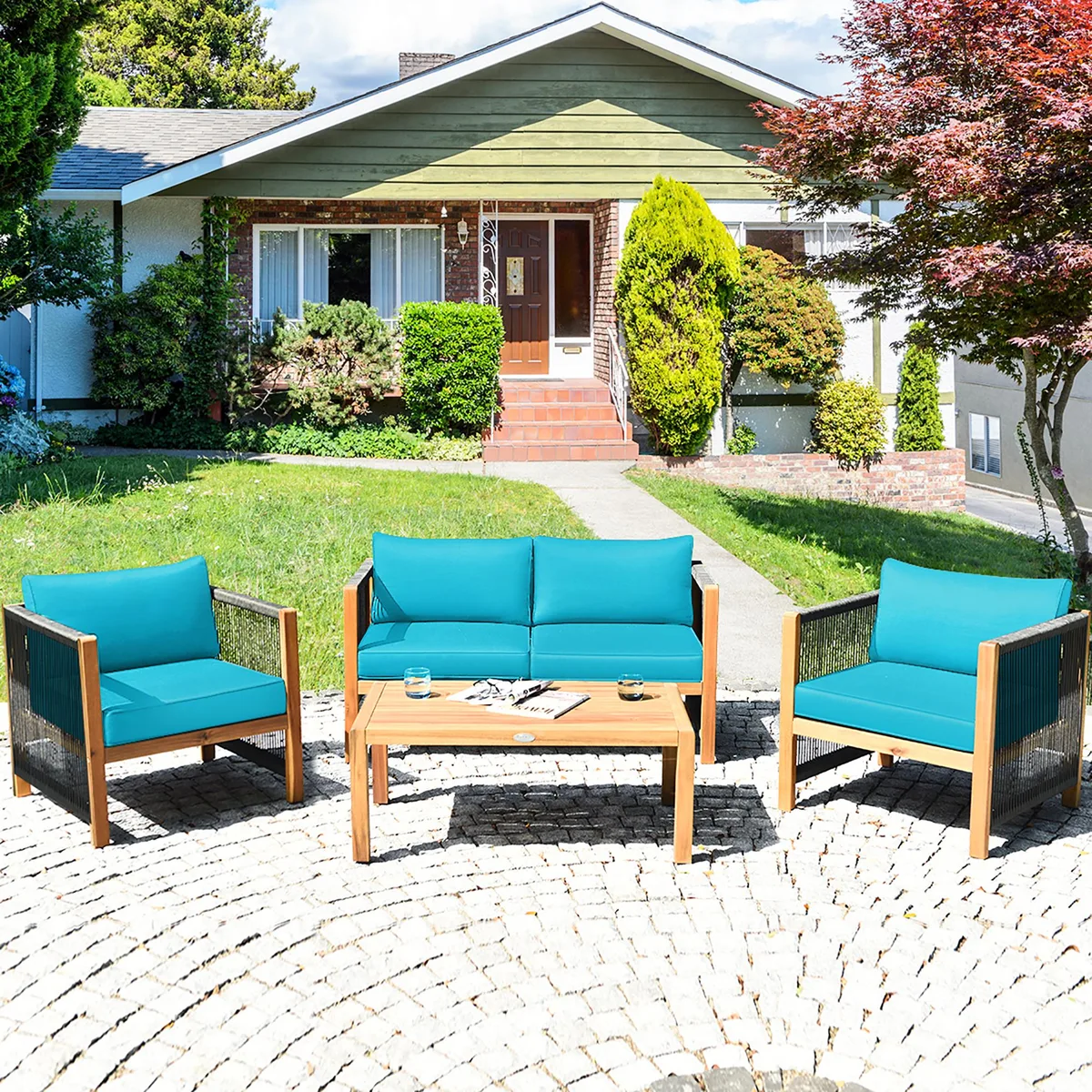 Turquoise acacia wood patio sofa set with rope armrests and cushions