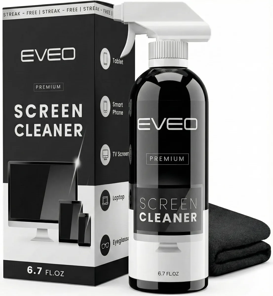 White 200 ml spray bottle with a microfiber cloth beside it