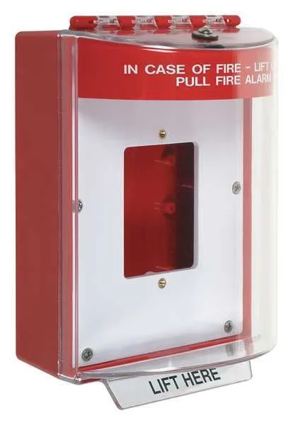 Clear red polycarbonate cover with raised center button, surface-mount design