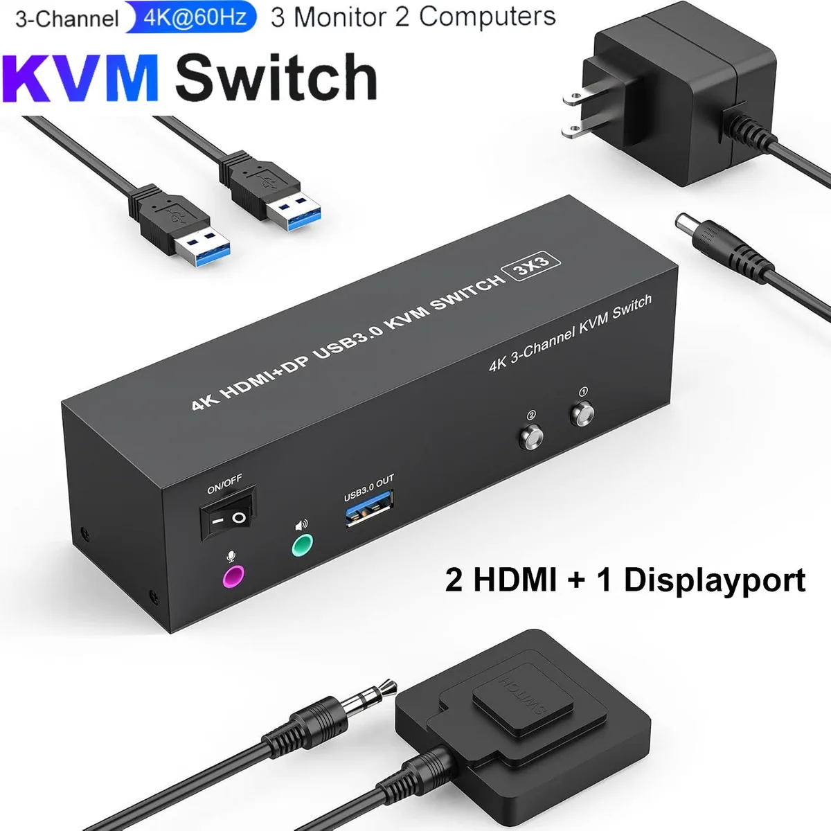 WRIARICH WRIARICH KVM Switch 2 HDMI 1 DP 3 Monitors 2 Computers 4K 60Hz USB 3.0 Audio — product photo