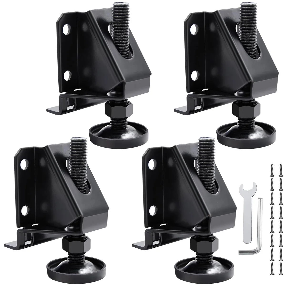 Black L-shaped metal leg levelers with adjustable threaded stems, sold in a multi-pack with screws and wrenches