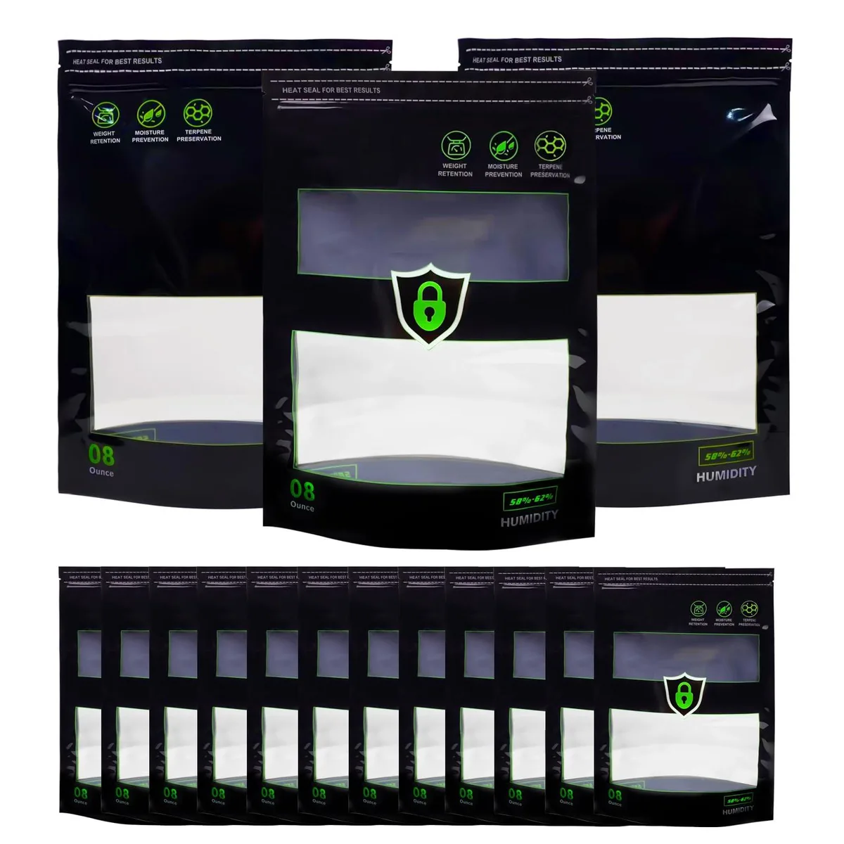 Fifteen black rectangular humidity-control bags with zipper closure