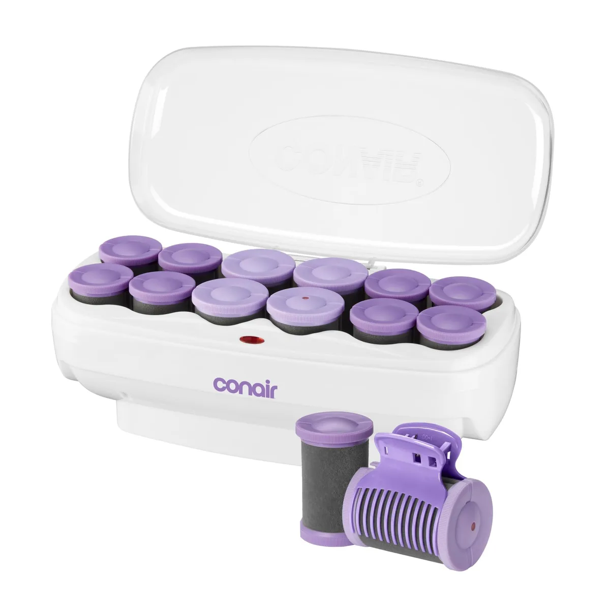 Lavender ceramic hot roller set with twelve flocked rollers in two sizes and matching clips in a compact base