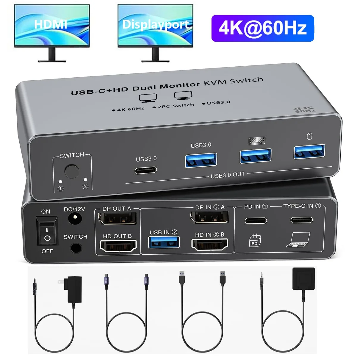 AUTYUE AUTYUE USB-C Dual Monitor KVM Switch 2 PCs 4K@60Hz 100W PD — product photo