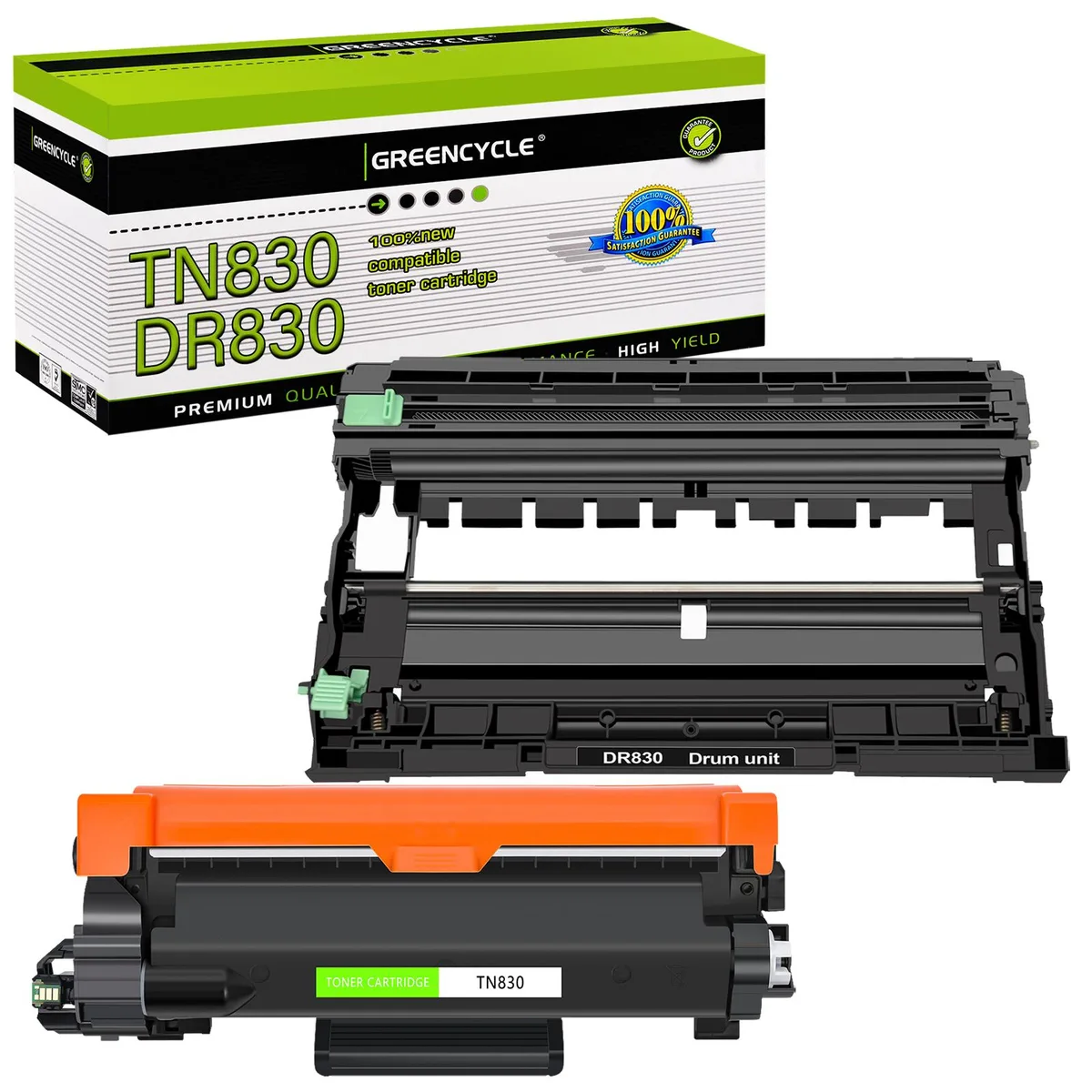 One black toner cartridge and one drum unit in white boxes