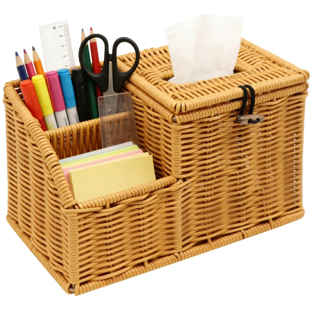 Woven square tissue box cover with two storage compartments, natural wicker finish