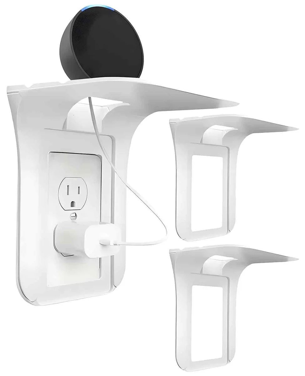 Three white plastic wall shelves mounted on outlets, each 6.7 by 6.0 inches, clear finish