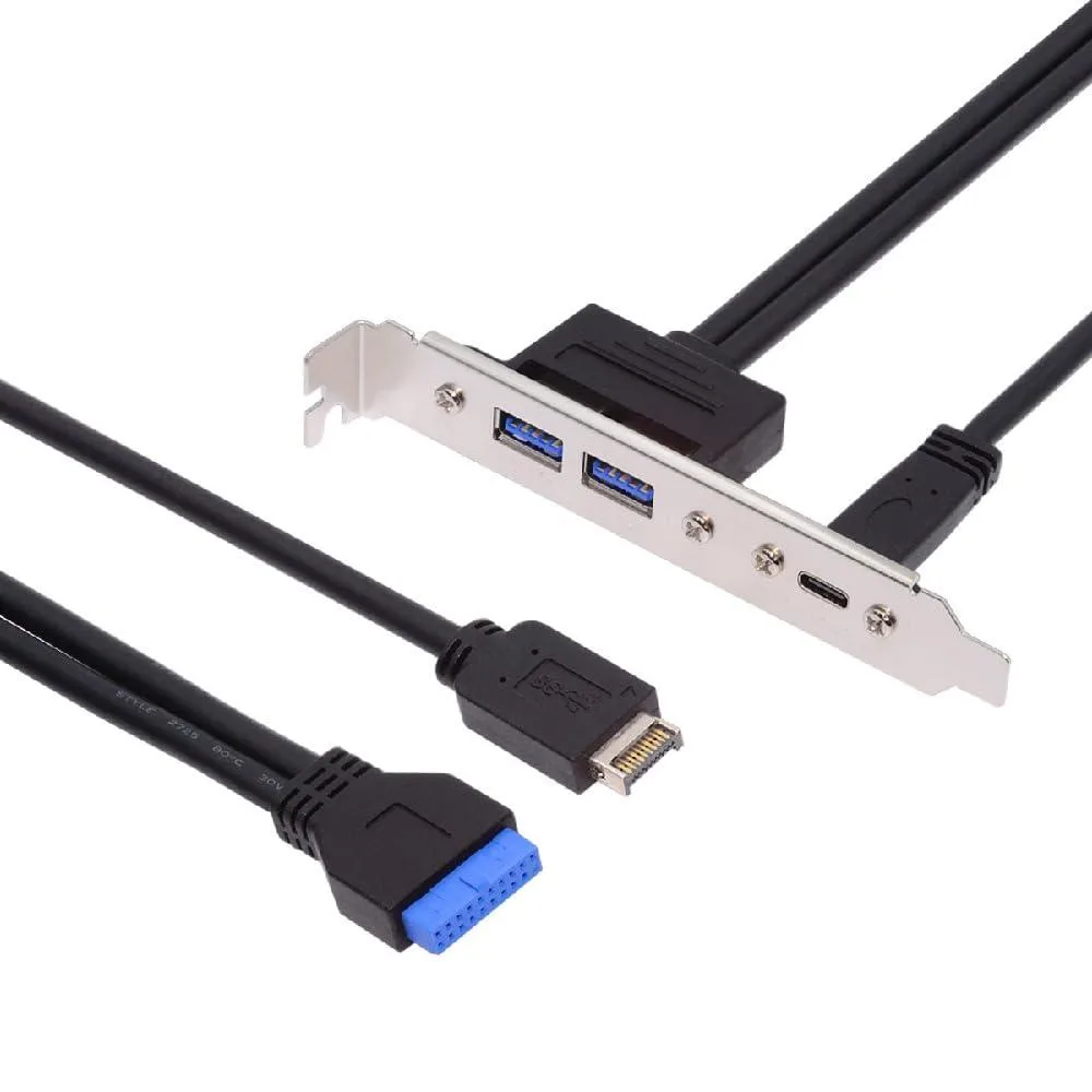 Metal PCIe bracket with USB-A and USB-C ports, internal 19/20-pin and Type-E cables