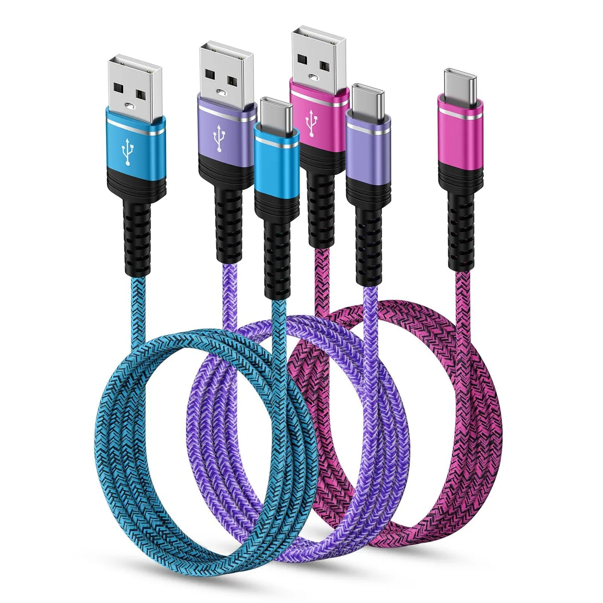 Three nylon-braided USB-A to USB-C cables in blue purple red 3ft