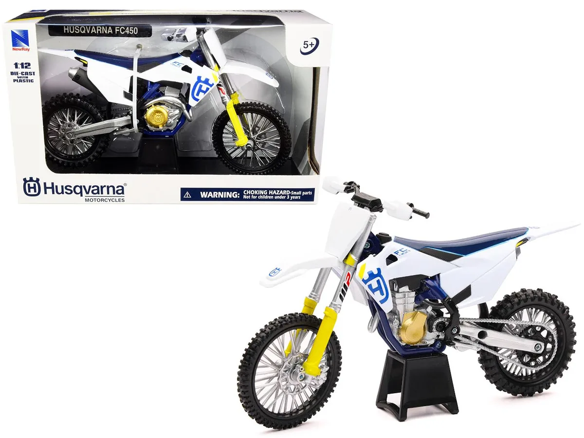 New Ray Toys New Ray Toys Husqvarna FC450 White and Blue 1/12 Diecast Motorcycle hobby collectible — product photo