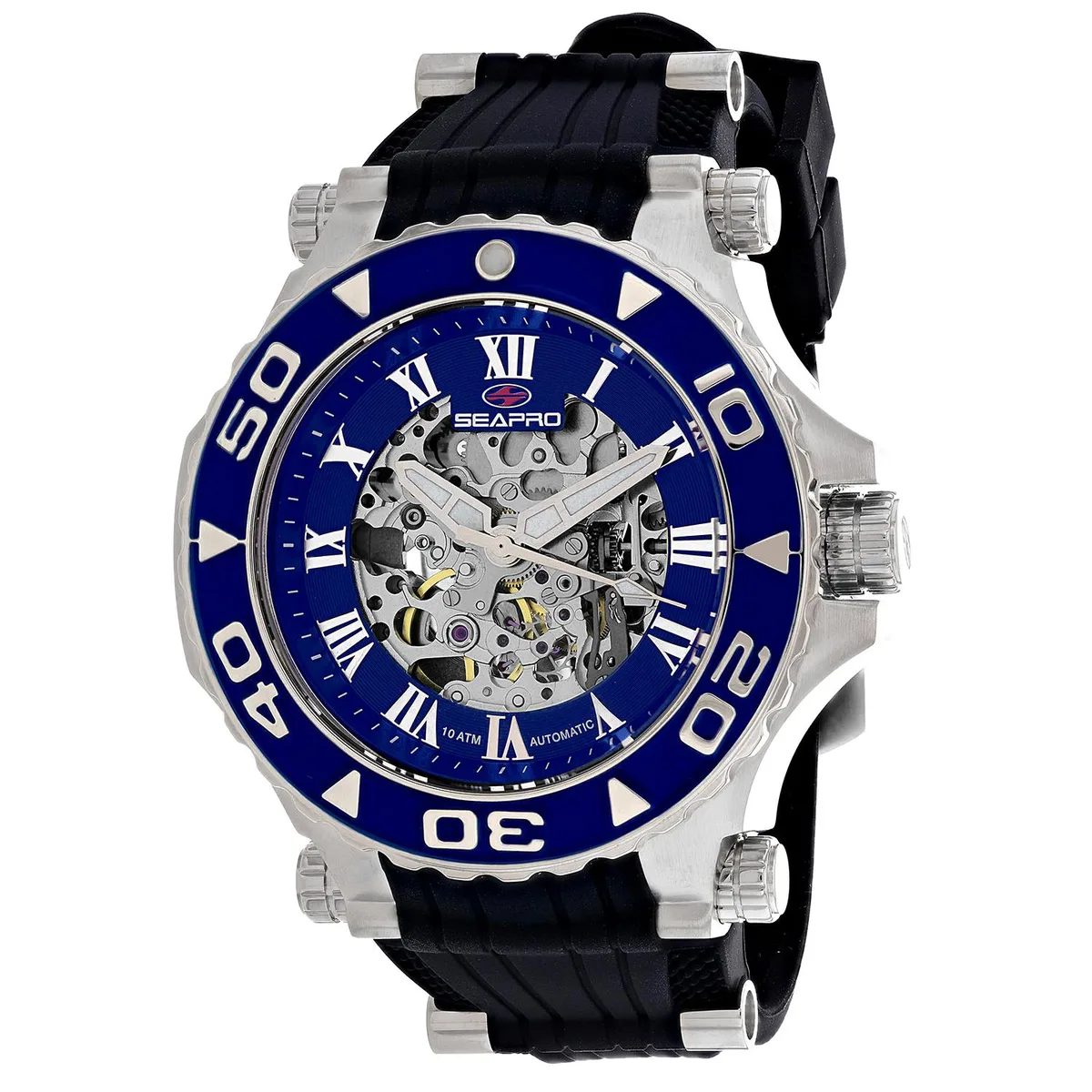 Silver stainless steel watch with blue dial and black rubber strap