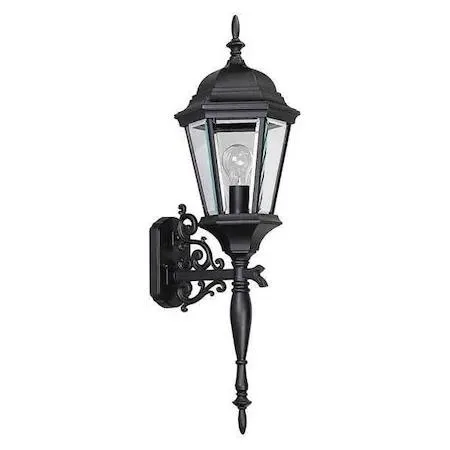 Textured black aluminum wall lantern, thirty inches tall, single medium-base socket