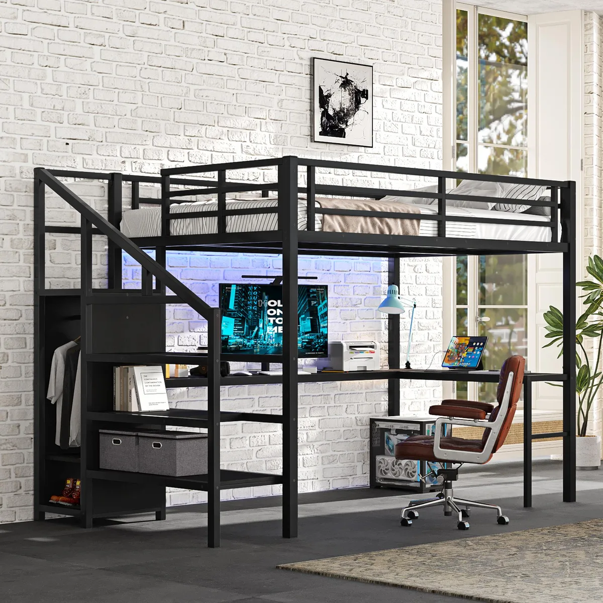 Black metal loft bed with L-shaped desk, wardrobe, stairs and LED lighting
