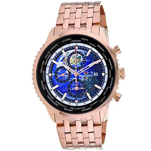 Stainless steel watch with blue dial and rose gold accents 22mm bracelet