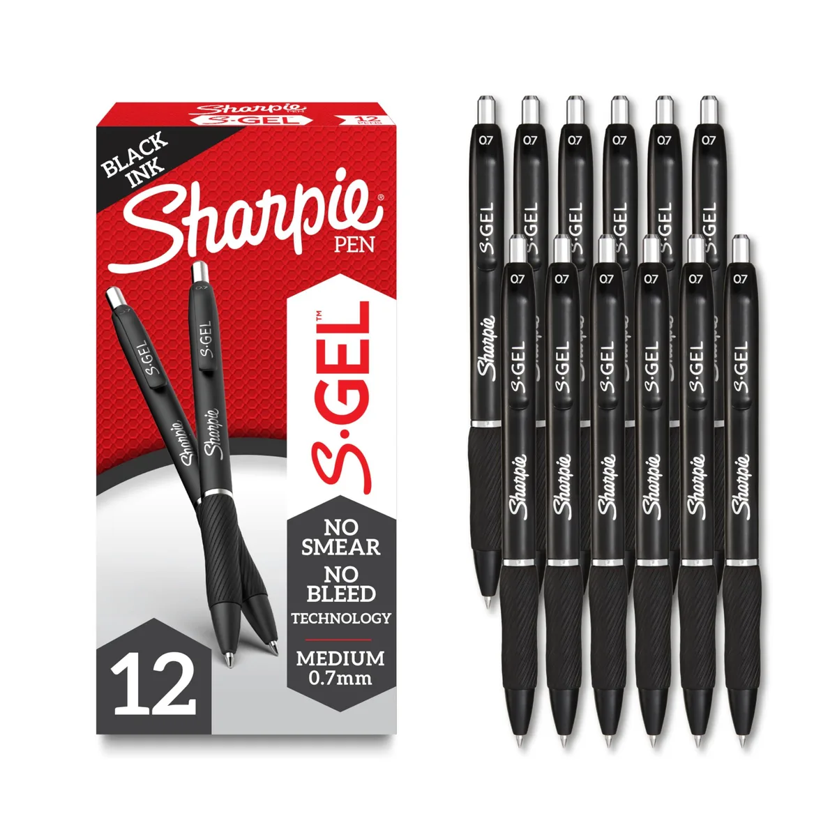 Box of twelve blue retractable gel pens with black barrels and rubber grips